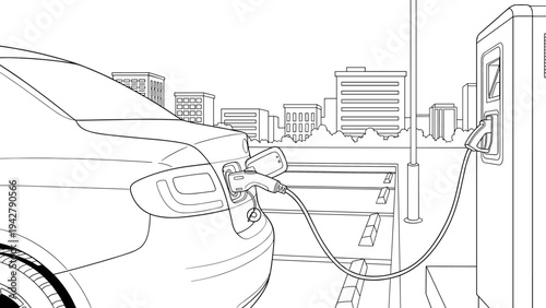 Electric car charging at urban station with cityscape background in line art style