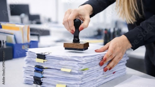 Businesswoman stamping official documents paperwork in office.

