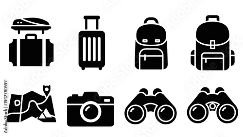 Travel essentials icons: modern black silhouette style for luggage, backpacks, and more