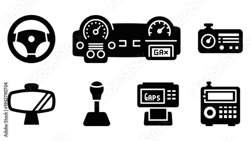 Car dashboard elements collection: gauges, steering wheel, gps, rearview mirror in solid silhouette style