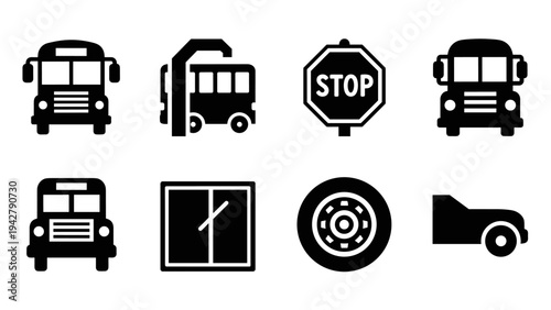 School bus icons and transportation symbols in simple silhouette style