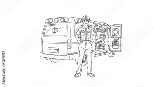 Paramedic standing confidently near ambulance in detailed line art style