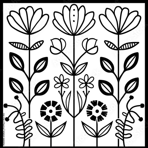 bold thick outlines geometric Scandinavian folk art flowers border grids strips tile icon simple flat black line art on a white background clean and minima