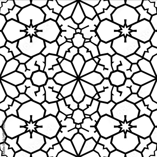 bold thick outlines Islamic geometric repetitive seamless pattern in rows icon simple flat black line art on a white background clean and minimalistic with