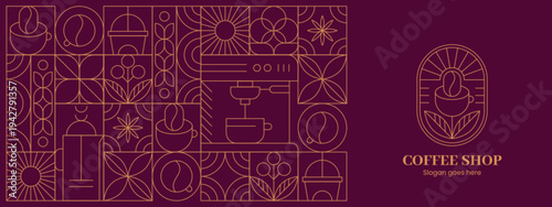 Abstract geometric coffee pattern in minimalist style. Seamless background with hand drawn line art beans, drink cups, hot tea pot, plant leaves, bauhaus outline elements for cafe menu. Logo concept