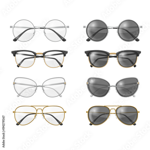 Diverse Eyewear Collection: A captivating arrangement of various eyeglasses and sunglasses styles, showcasing an array of frames and lenses.