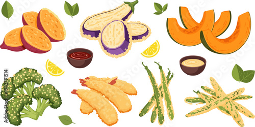 Tempura Vegetable Collection with Sweet Potato, Eggplant, Pumpkin, Broccoli, Zucchini Fries, Lemon Slices, and Dipping Sauce Japanese Food Vector Illustration Set