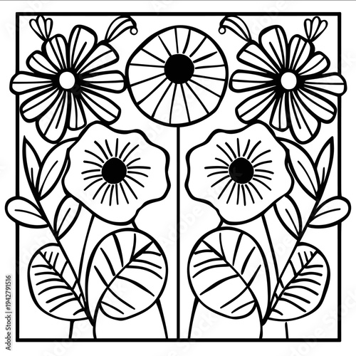 bold thick outlines geometric folk art flowers border strips tiles icon simple flat black line art on a white background clean and minimalistic with bold o