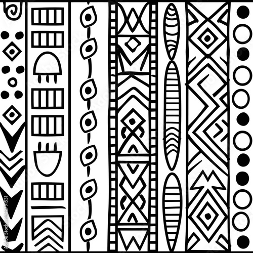 bold thick outlines geometric Scandinavian folk art border strips tile seamless pattern in rows icon simple flat black line art on a white background clean