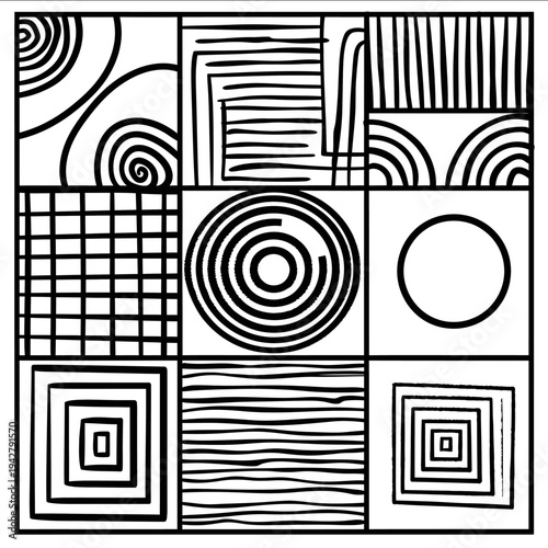 bold thick outlines geometric zen boho quilted repeated patterns icon simple flat black line art on a white background clean and minimalistic wit