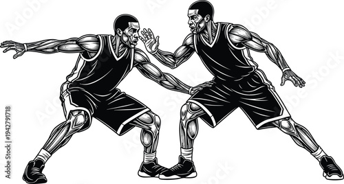 Basketball defensive stance players illustration black and white vector graphic of two male athletes competing on court in intense sports action