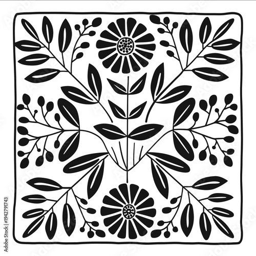 bold thick outlines geometric nordic folk art flowers quilts block pattern icon simple flat black line art on a white background clean and minimalistic wit