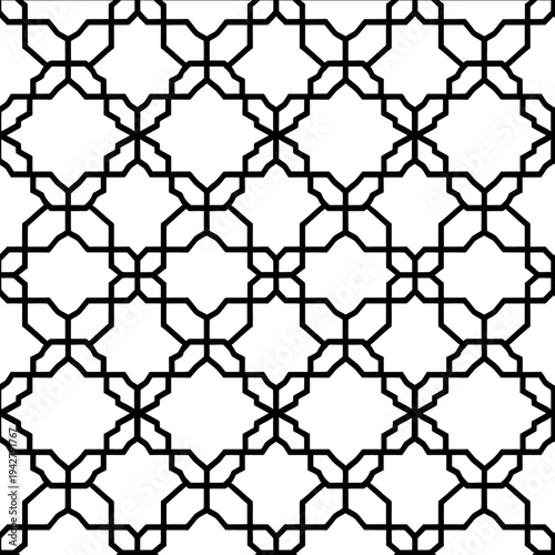 bold thick outlines Islamic geometric repetitive inspired by Mashrabiya lattice patterns seamless pattern in rows icon simple flat black line art