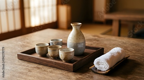 Sake set on wooden table, ceramic decanter and cups with rolled towel for traditional Japanese drink