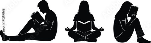 Black silhouettes of people reading books and meditating while sitting, vector illustration of students and relaxed readers isolated on white.