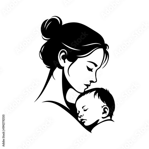 Logotipo día de la madre. Dibujo sencillo de la cabeza de un mujer con un bebé en brazos 