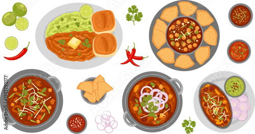 Indian Street Food Curry Collection with Pav Bhaji, Chole, Butter Curry, Naan Bread, Chutney Dips, and Spicy Traditional Indian Cuisine Vector Illustration Set