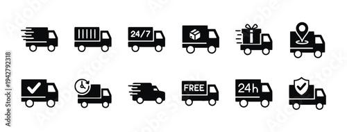 Delivery truck icons for fast shipping, logistics and express services