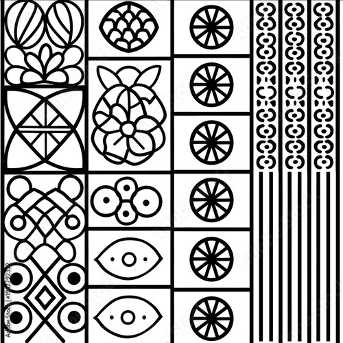 bold thick outlines geometric folk art border grids strips tile seamless pattern in rows icon simple flat black line art on a white background cl