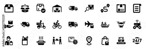 Delivery and logistics icons in a simple silhouette for shipping and transport services