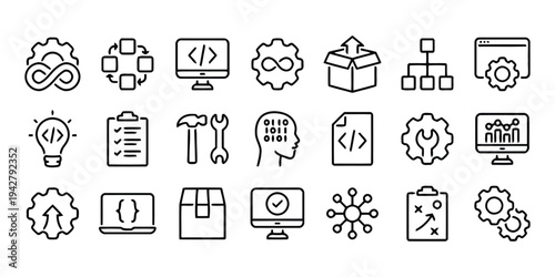 DevOps icons set for software development and IT management