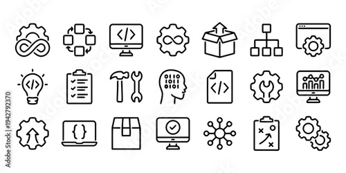 Development and coding line icons collection for programming, innovation, and project management
