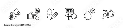 Diabetes monitoring icons and symbols with blood drop glucose meter and syringe