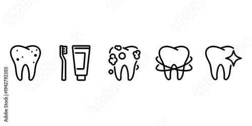 Dental hygiene concepts tooth care symbols outline set clean and healthy teeth illustration