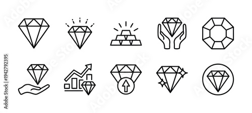 Diamond icons set representing success growth wealth and investment