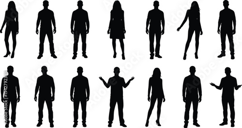 Collection of diverse human silhouettes, men and women standing in different poses, isolated people shadow figures set for design projects