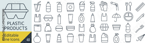 Disposable plastic packaging and household goods linear icons for waste management