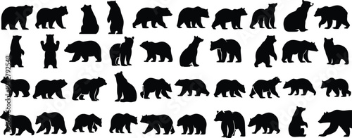 Diverse collection of bear silhouettes in different poses and activities