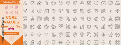 Core values Big line icons. core values, innovation, quality, responsibility, teamwork, reliability, focus, honesty icon. Vector