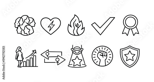 Diverse women empowerment and success icons collection including growth, heart, achievement, and leadership symbols