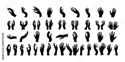 Diverse set of black silhouette hand gestures and poses, expressing communication and emotion