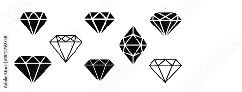 Diamond icon set, featuring different shapes of diamond cuts, flat style icons, abstract black diamond collection, gemstone icons, and diamonds logo designs in vector illustration.