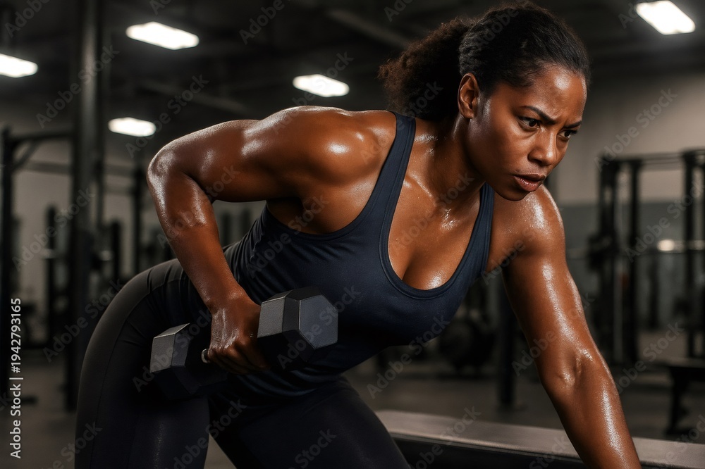Fototapeta premium Strong Black woman concentrating on her muscles while lifting a heavy dumbbell during an intense one arm row exercise, showing effort and determination at the gym
