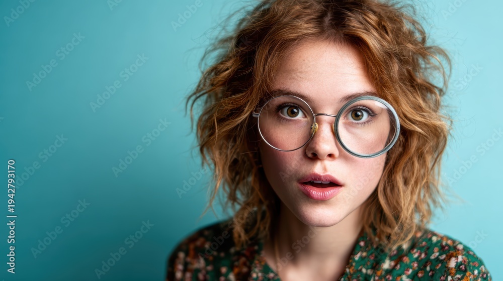 Obraz premium An expressive portrait of a young woman with curly hair, oversized glasses, and a playful look, evoking surprise and delight against a colorful background.