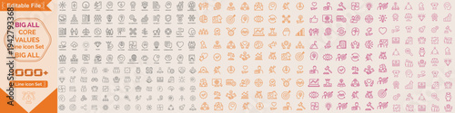 Core values Big line icons. core values, innovation, quality, responsibility, teamwork, reliability, focus, honesty icon. Vector