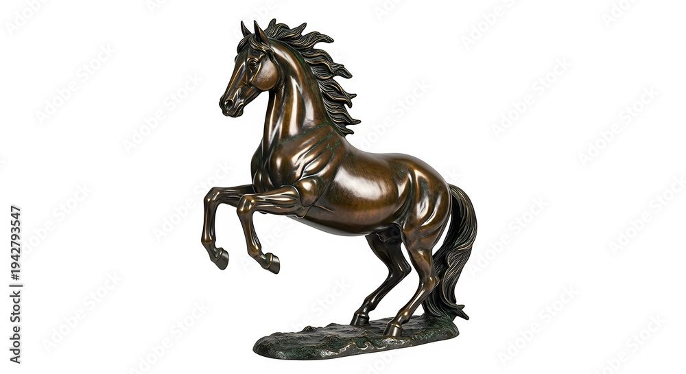 Fototapeta premium Bronze horse statue rearing up on hind legs isolated on transparent background