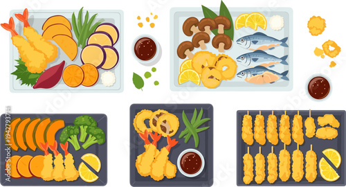 Japanese Tempura Seafood and Vegetable Platter Collection with Shrimp, Fish, Mushrooms, Pumpkin, Lemon, and Dipping Sauce Vector Illustration Set