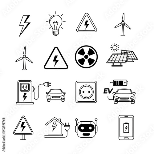 Set of 16 electric vehicle and renewable energy icons vector