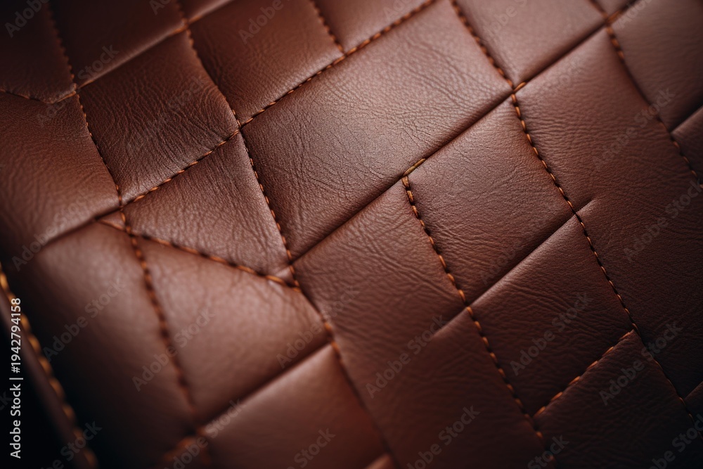 Fototapeta premium Brown leather displaying a diamond quilted pattern with visible stitching