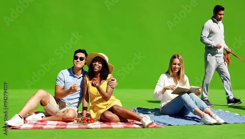 Wallpaper Mural A group of diverse friends enjoying a sunny day outdoors, with some relaxing on a picnic blanket and another walking in the background. Torontodigital.ca