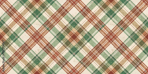 Classic plaid fabric featuring a vibrant mix of red, green, and white diagonal stripes Vector