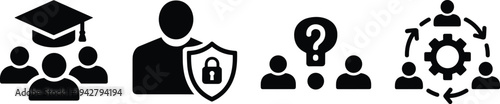 Icons for education, security, ideas, and teamwork with people and gear graduation students