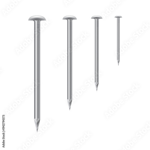 3d metal nails set on white background. Realistic iron hardware collection of pin nails of different lengths and steel circle head, construction, carpentry and fix equipment. illustration EPS 10.