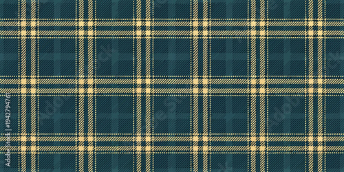 Classic plaid fabric with a dark blue and cream color scheme laid flat. Vector