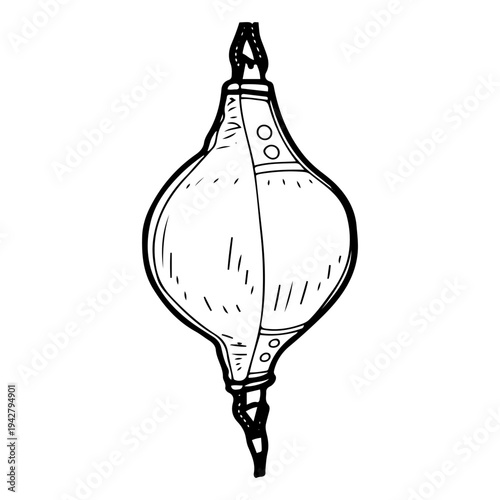 Pneumatic punching bag. Vector sketch, hand drawn. Sports equipment with stretchers. Boxing training equipment. Line art graphic illustration.