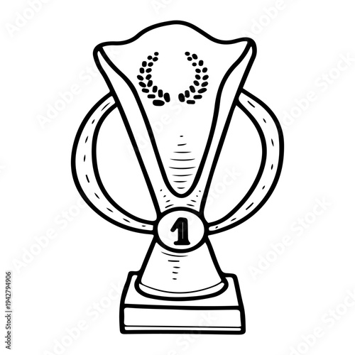 First place cup. Vector sketch, hand drawn. Victory in sports. Gold, prize, trophy. Winning. Award ceremony. Win. Line art graphic illustration.